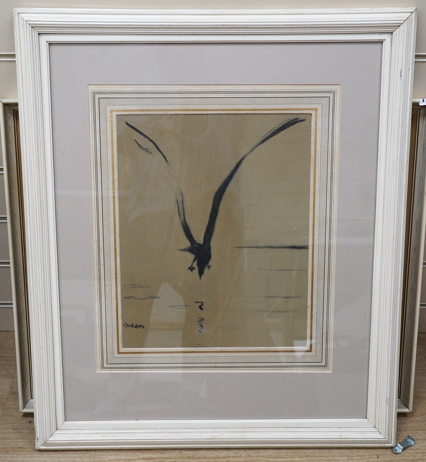 E. F. Coote-Lake (20th. C), charcoal, ‘Gull fishing’, signed, James Bourlet & Sons labels verso, 38 x 30cm. Condition - fair